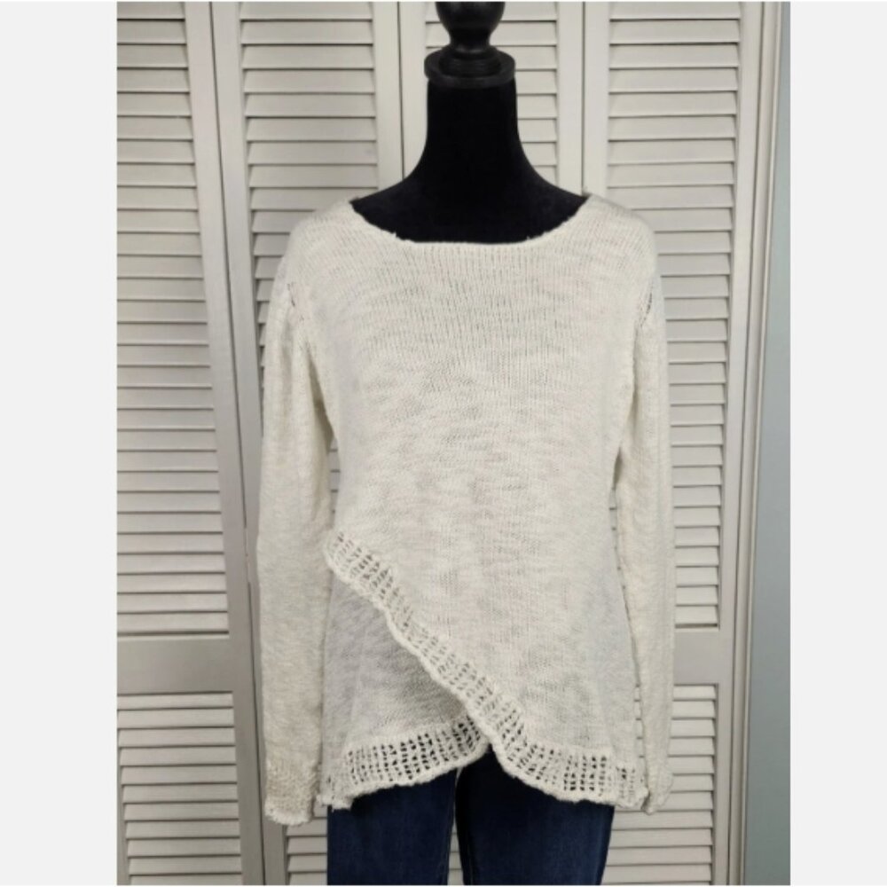 3/$20 Maison Coupe White Open Knit Sweater M 100% Cotton Crochet Trim